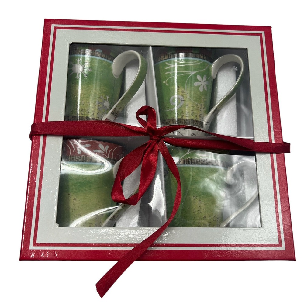 Coffee Mugs Handpainted Bird Green Coldwater Creek Floral Gift Set of 4